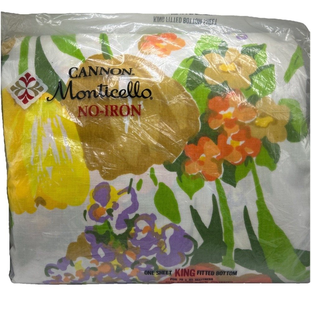 Vtg Yellow Floral King Fitted Bottom Sheet Granny Cottage MCM Cannon Monticello